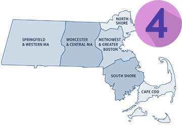 A map o f Massachusetts outlining the six partner regions.